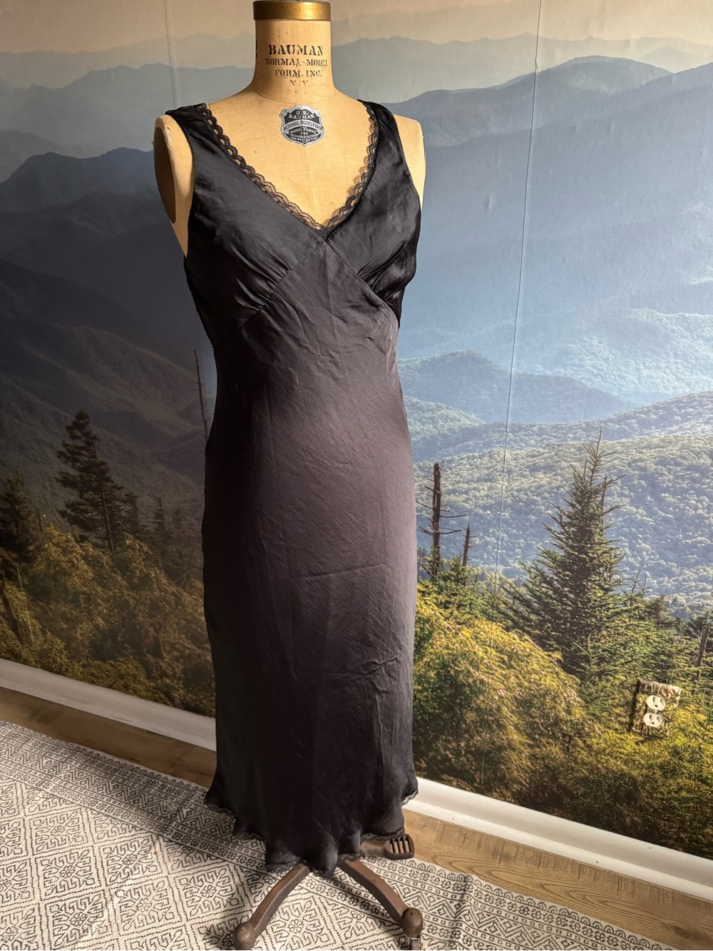 Black Satin Slip Dress with Lace Trim - American Eagle
